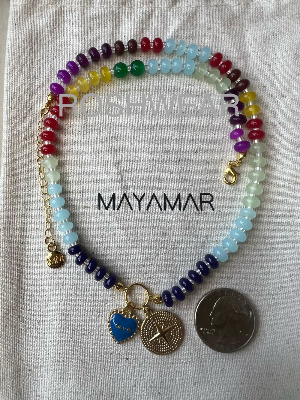 Gold Charm Beaded Necklace with Blue Heart Pendant - Picture 4 of 8